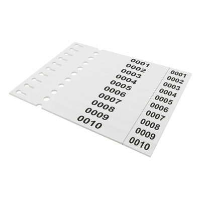 A stack of perforated label sheets with sequentially numbered pull & lock labels