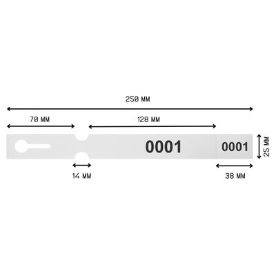 One pull & lock label numbered measuring 250 mm x 25mm
