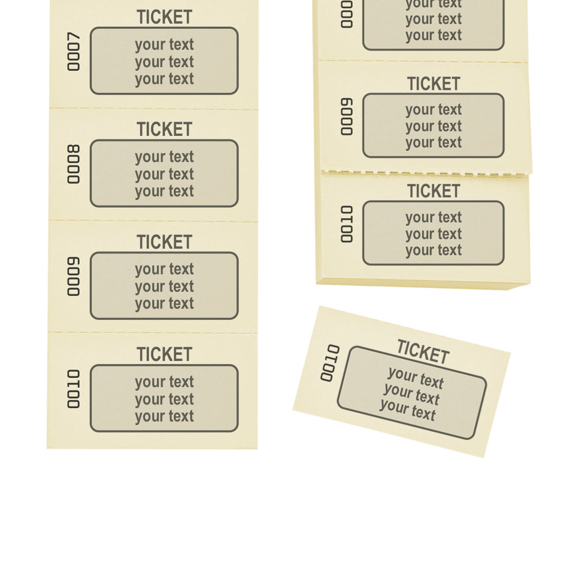 Paper Tickets On Strips With Custom Printing In Black On Pastel Yellow Paper With Consecutive Numbering and perforated Tear-off Lines
