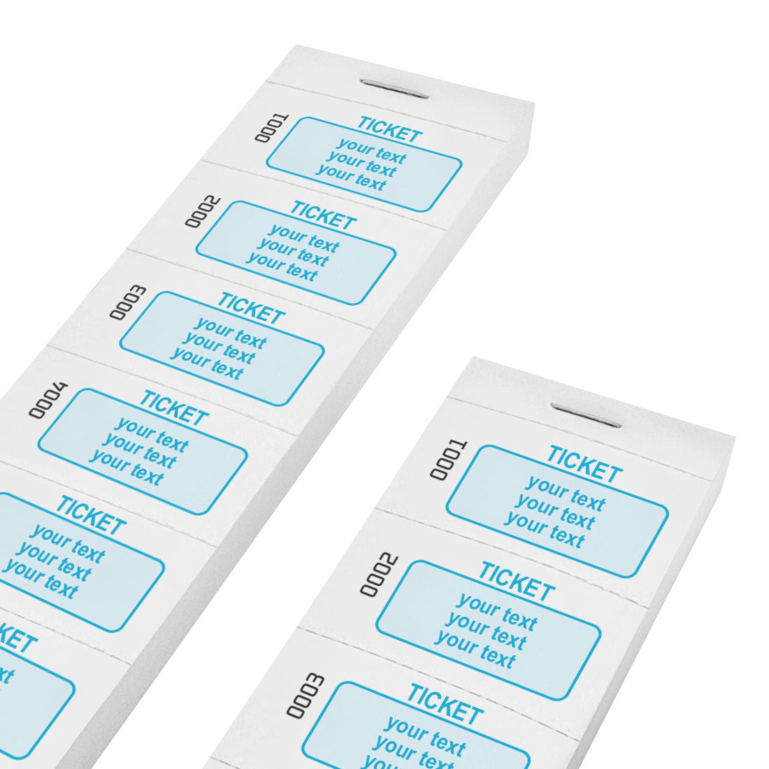 Paper Tickets On Strips With Custom Printing In Blue On White Paper With Consecutive Numbering