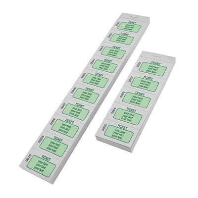 Paper Tickets On Strips With Custom Printing In Green On White Paper With Consecutive Numbering 5 or 10 Ticket Stirps