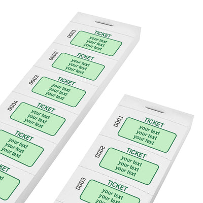 Paper Tickets On Strips With Custom Printing In Green On White Paper With Consecutive Numbering