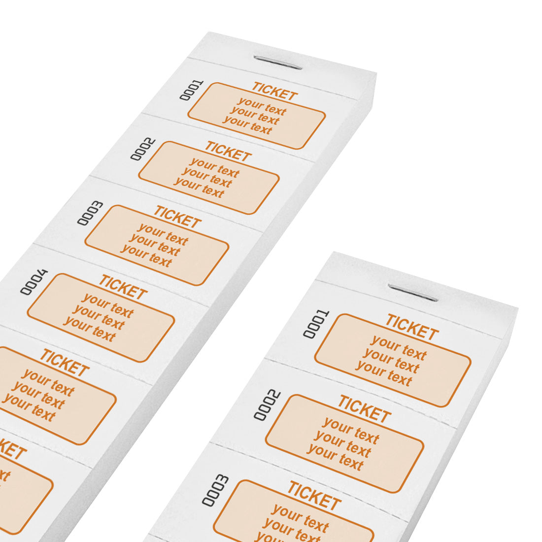 Paper Tickets On Strips With Custom Printing In Orange On White Paper With Consecutive Numbering