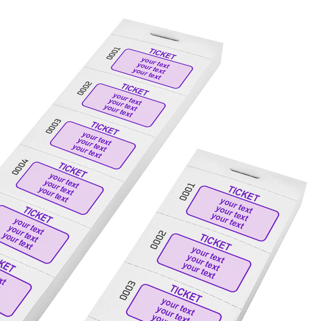 Paper Tickets On Strips With Custom Printing In Purple White Paper With Consecutive Numbering