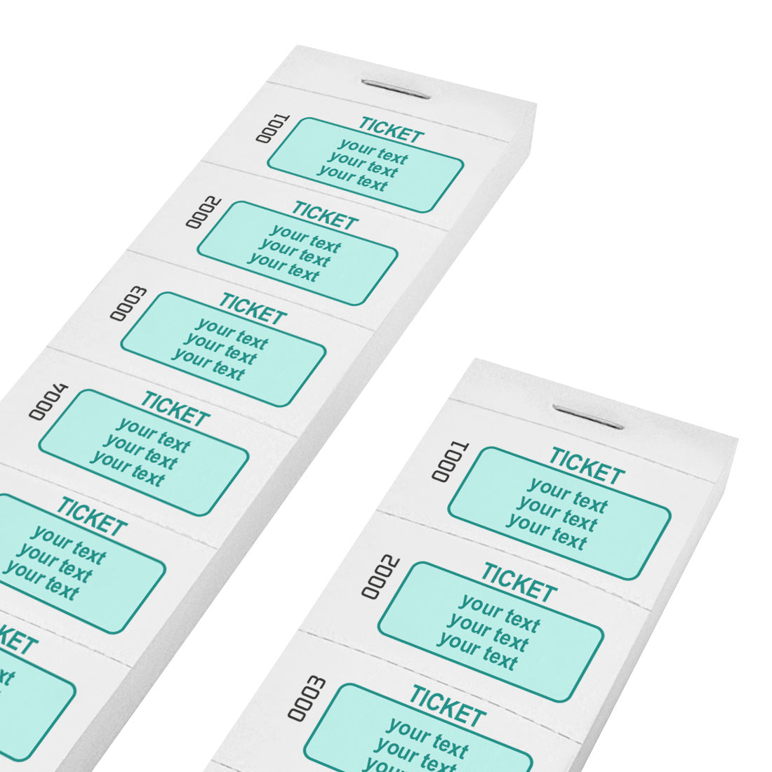 Paper Tickets On Strips With Custom Printing In Turquoise On White Paper With Consecutive Numbering