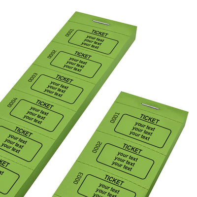 Paper Ticket Strips Green Paper Black Print With 3 Lines of Your Personalised Text and Consecutive Numbering