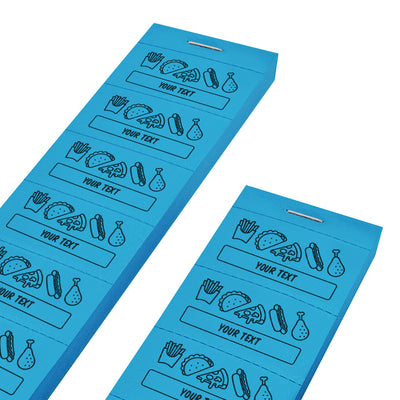 Custom Food Tickets On 5 Or 10 Ticket Strips With One Line Of Personalised Text Black Print On Blue Paper