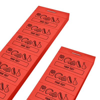Custom Food Tickets On 5 Or 10 Ticket Strips With One Line Of Personalised Text Black Print On Red Paper