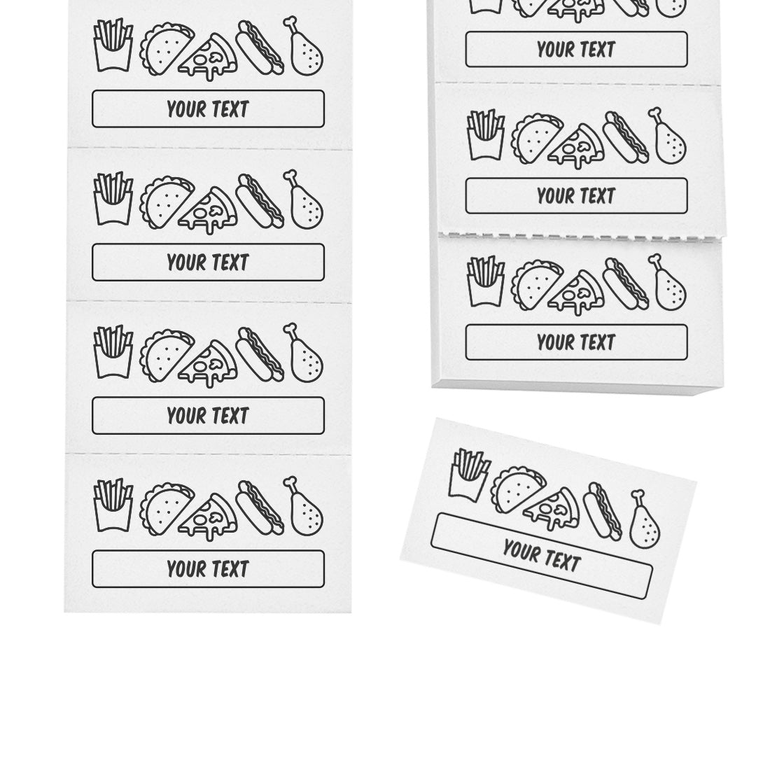 Food Redemption Coupons On Strips With One Line Of Personalised Text Printed In Black On White Paper