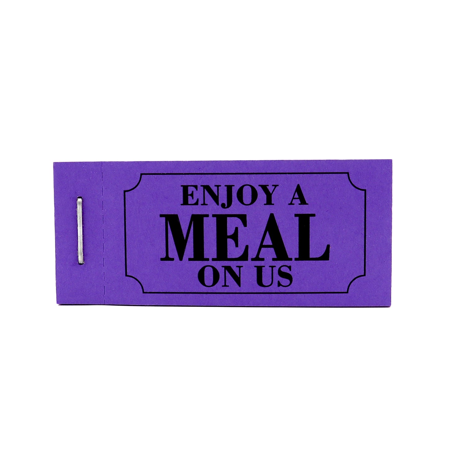 Meal Ticket Book ' Enjoy a Meal On Us' Purple Front View