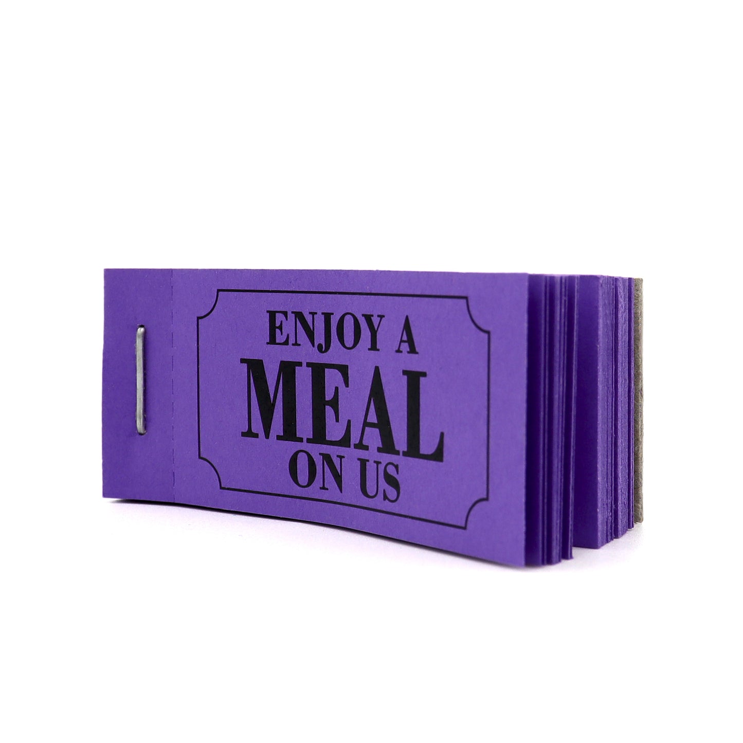 Meal Ticket Book ' Enjoy a Meal On Us' Purple Side View Open