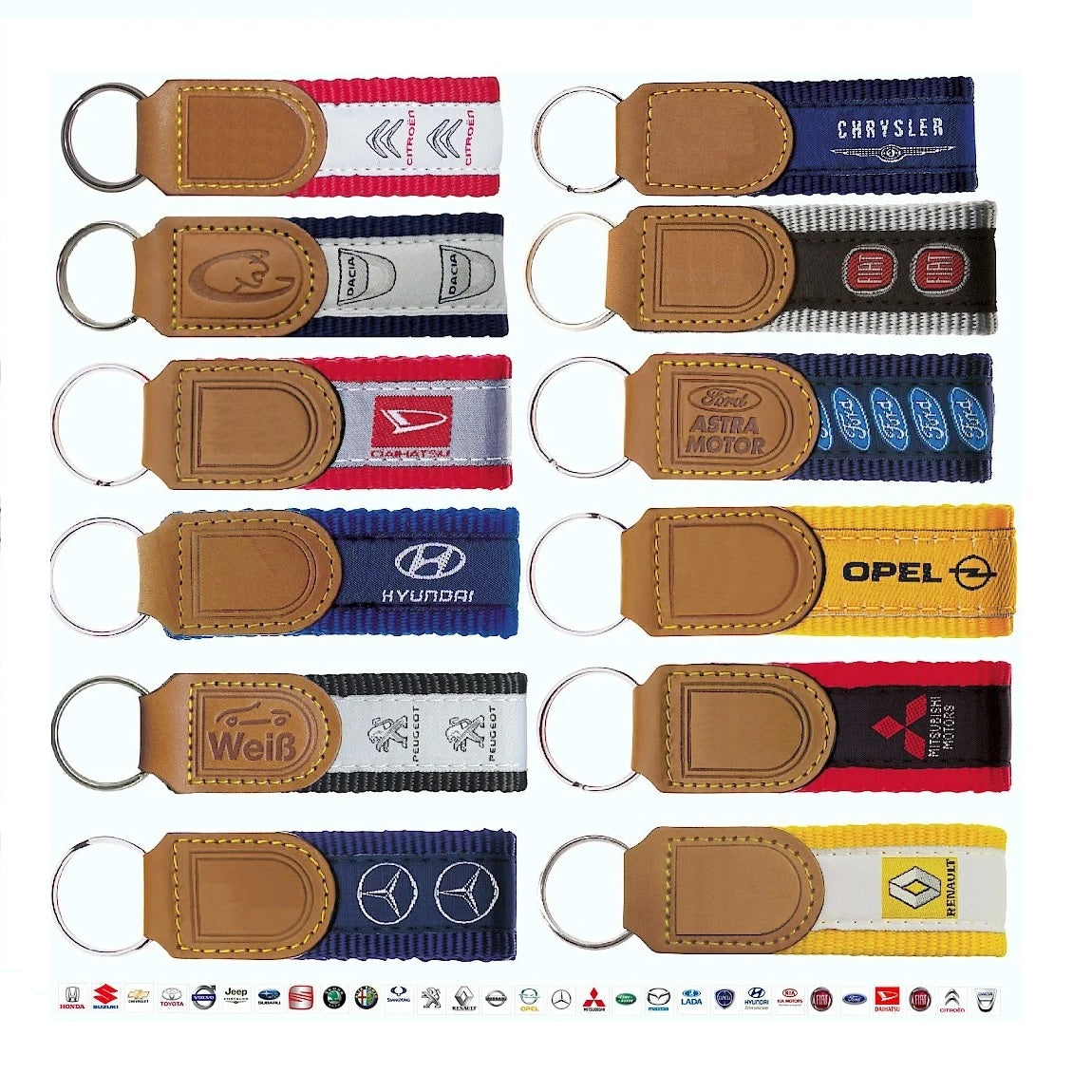 Leather Car Dealership Key Tags With Embroidered Colourful Nylon Strap | 120x30mm | Hot Stamped Engraving