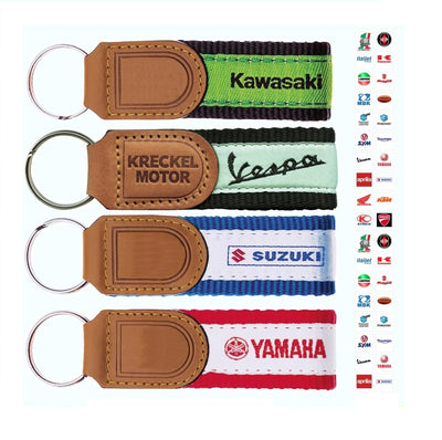 Leather Car Dealership Key Tags With Embroidered Colourful Nylon Strap | 120x30mm | Hot Stamped Engraving
