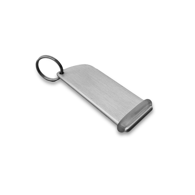 Large Rounded Rectangle Silver Aluminium Hotel Key Tags With Silver Split Ring and Clear Rubber Protection Ring Flatlay Side View.