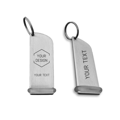 Aluminium Hotel Key Tag Brushed Silver With Custom Black Laser Engraving Finished with a Transparent Bump Ring