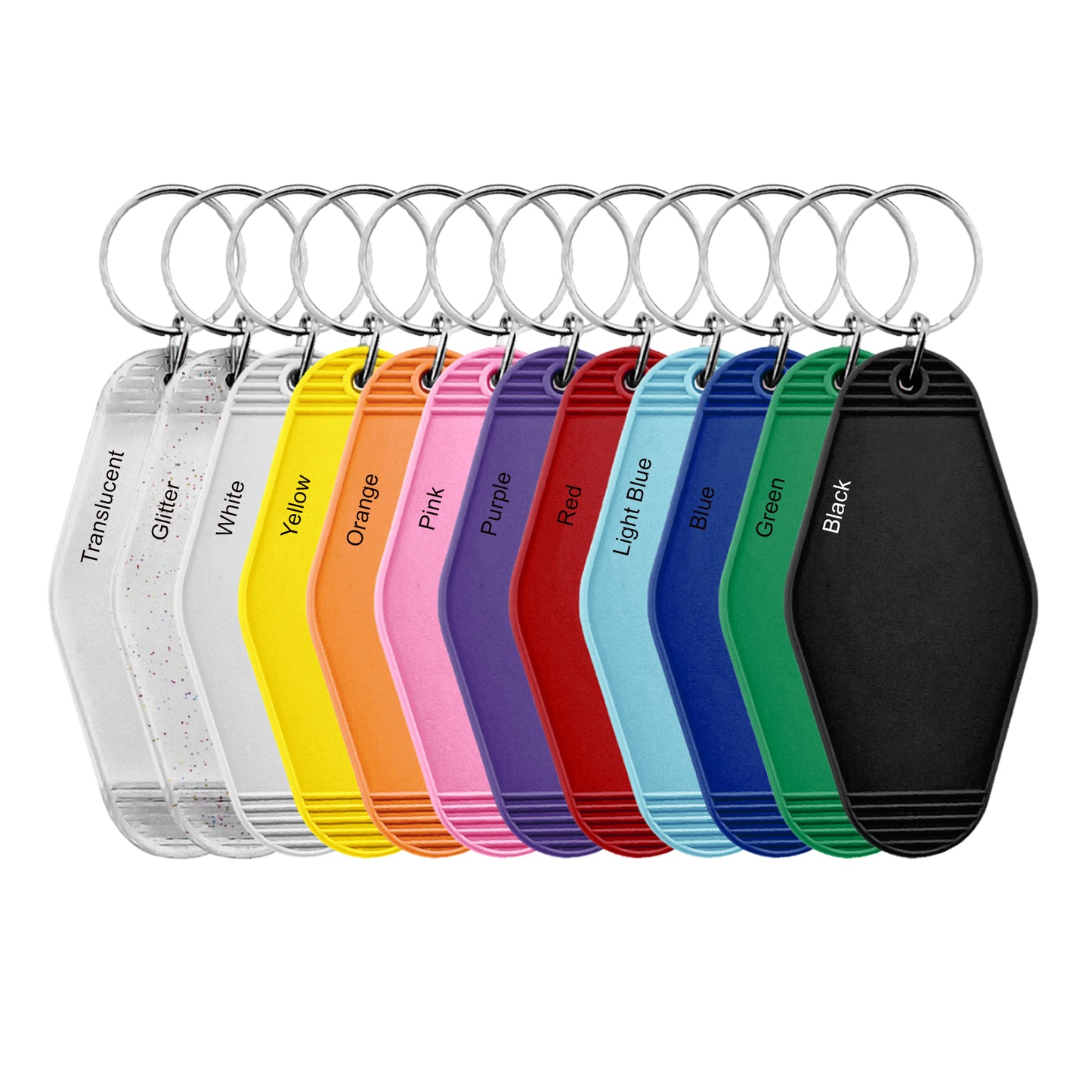Retro Hotel/Motel Key Tags with Full-Colour Custom Print
Flat lay image showcasing Black, Orange, and Yellow variants layered together, each with its own custom design.