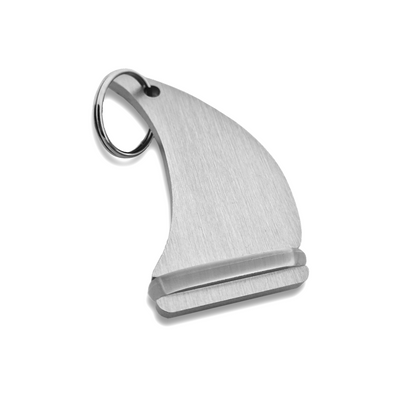 Silver Aluminium Hotel Key Tag In The Shape of A Sailboat, brushed metal with a transparent rubber ring and silver split ring.