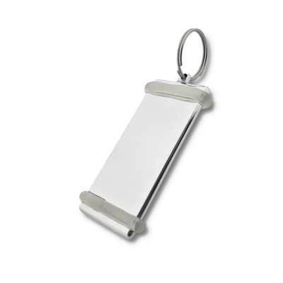 Silver Rectangle Hotel Key Tag With A Shine Finish, two transparent rubber rings and a silver splitring. Upright Side View
