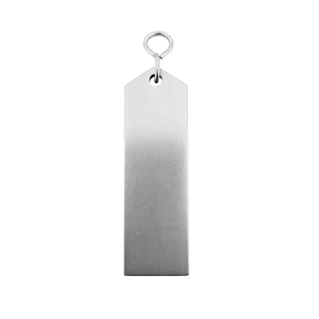 Blank Large Silver rectangular tag 100mm with a metal ring on a white background Front View