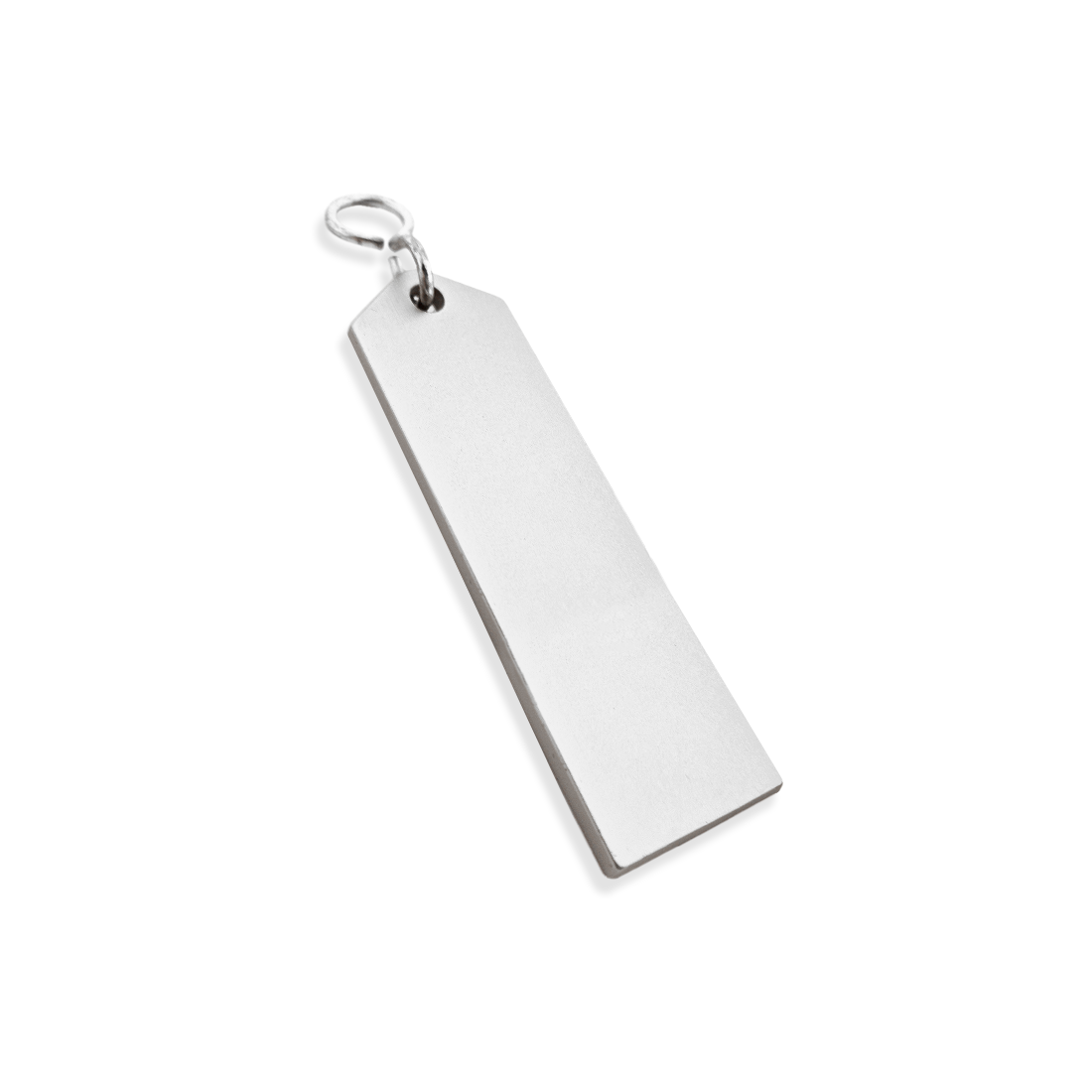 Blank Large Silver rectangular tag 100mm with a metal ring on a white background Side view