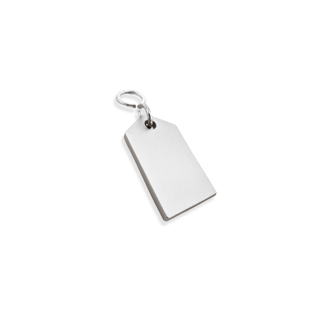Blank Silver rectangular tag 50mm with a metal ring on a white background Side view