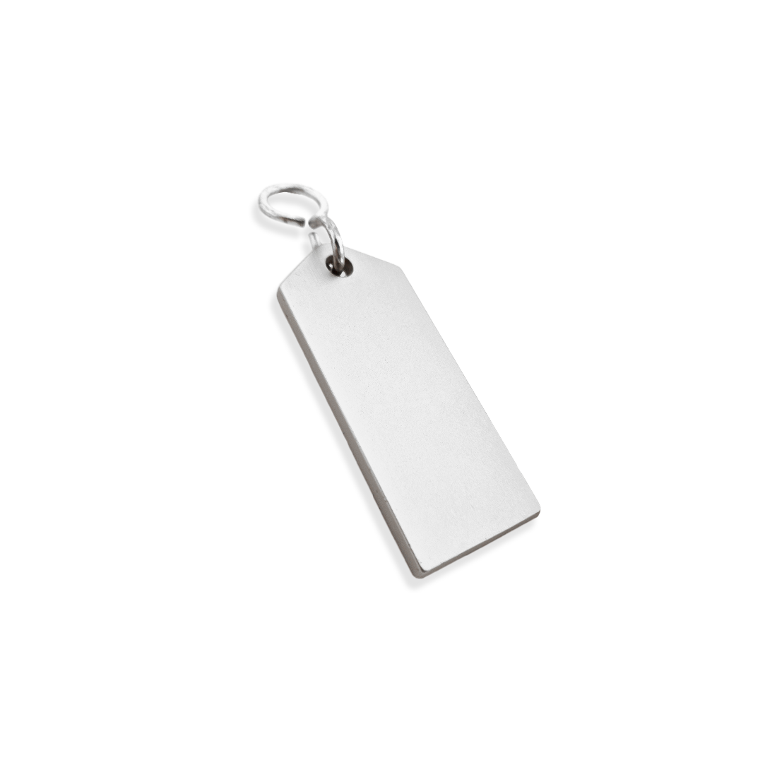 Blank Large Silver rectangular tag 70mm with a metal ring on a white background Side view