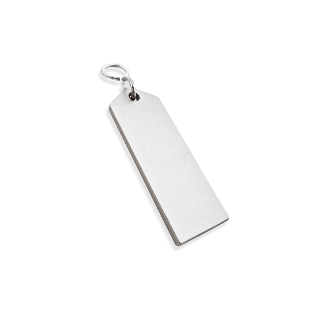 Blank Large Silver rectangular tag 80mm with a metal ring on a white background Side view