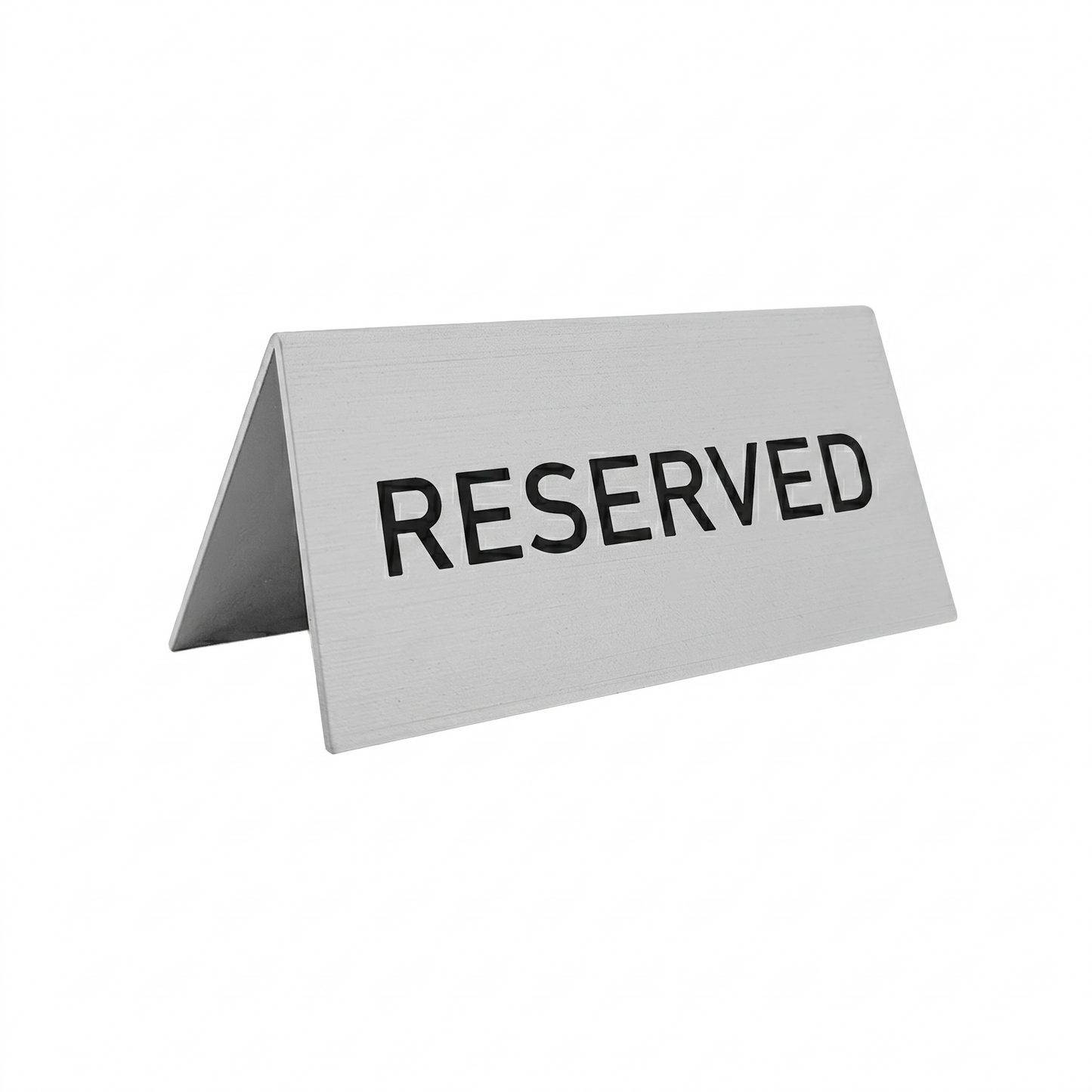 Professional Silver Aluminium Reserved Table Sign With A High-Profile Tent Design. Features Permanent Double-Sided Black Laser Engraving For Visibility.
