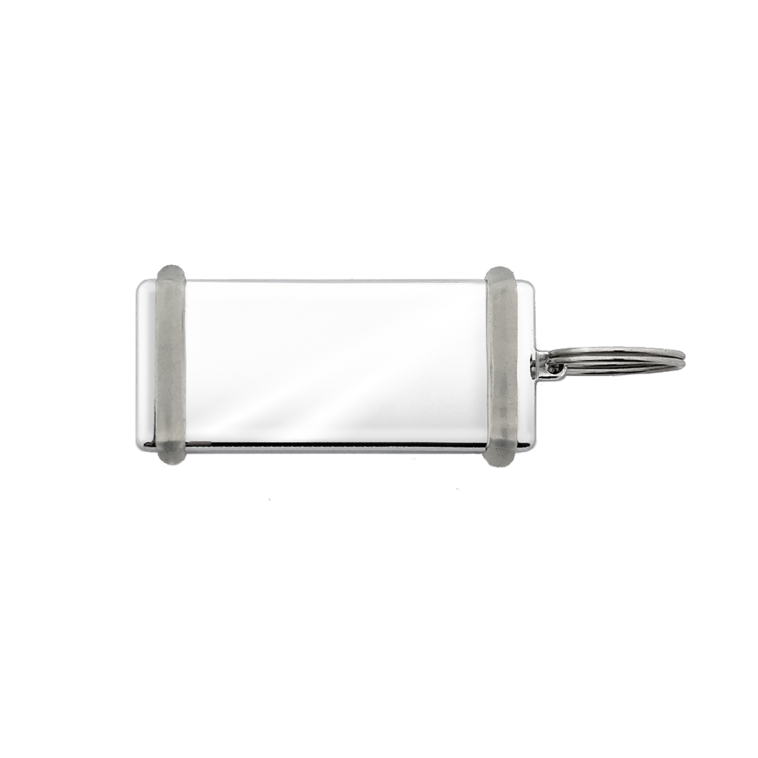 Silver Rectangle Hotel Key Tag With A Shine Finish, two transparent rubber rings and a silver splitring.