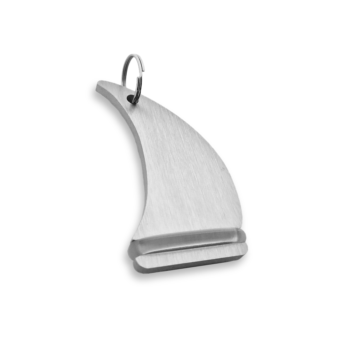 Aluminium Hotel Key Tag in a Sailboat Shape, Silver Brushed Finish with Clear Rubber Ring and Metal Keyring.