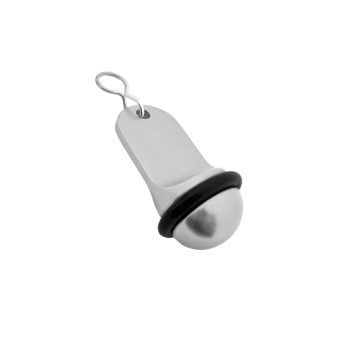 Silver Aluminium Hotel Key Tags Medium Size 70x30mm With Silver S-hook Fastener and Black Rubber Ring Side View.