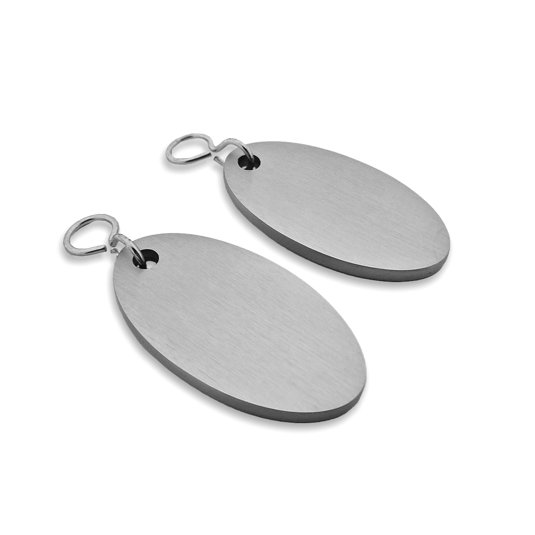 Silver Metal Keychains image show two key tags laying flat with S-hook Fasteners