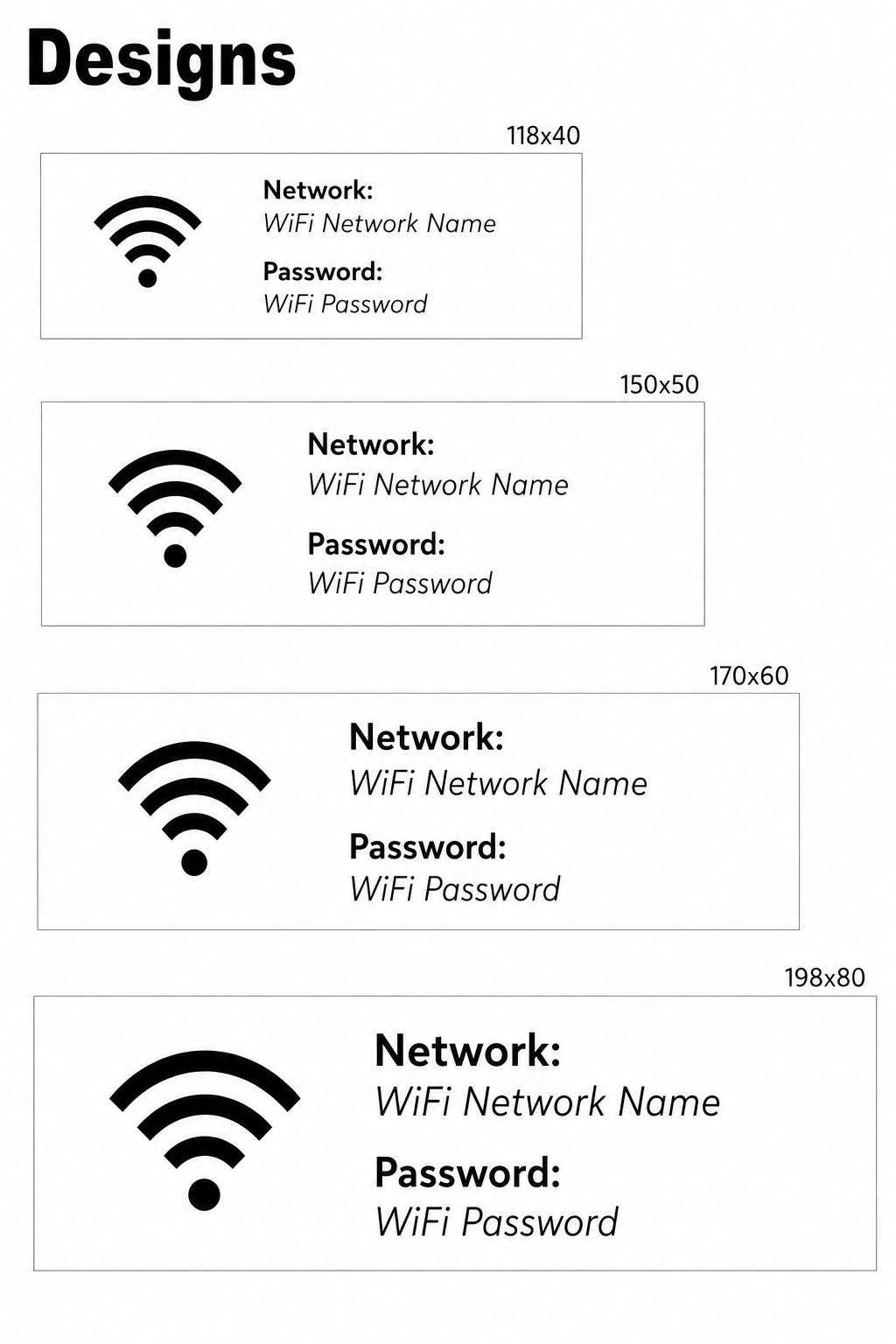 Set of four different sizes of WiFi network name and password labels.