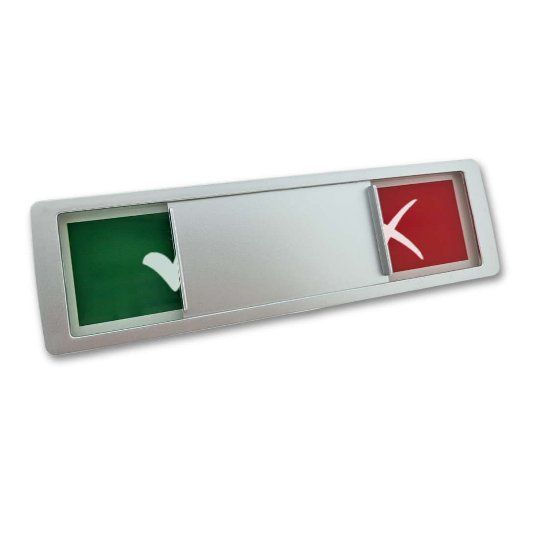 Upright silver frame status indicator sign showing partial views of a green tick and a red cross with the slider in the middle of both statuses.
