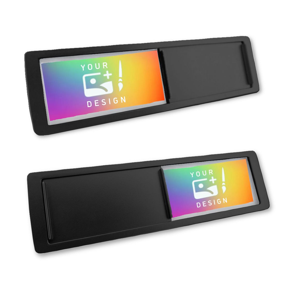 Custom Sliding Door Sign with Two Status Options – Black Frame
The top example shows the left status panel visible while the slider covers the right status. In contrast, the bottom example displays the right status panel, with the slider covering the left.