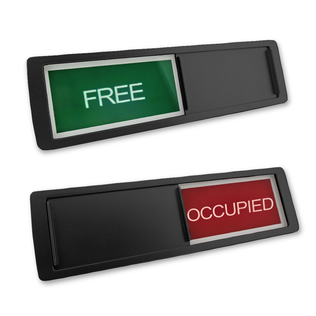 Black frame sliding door sign showing 'FREE' (top) and 'OCCUPIED' (bottom)