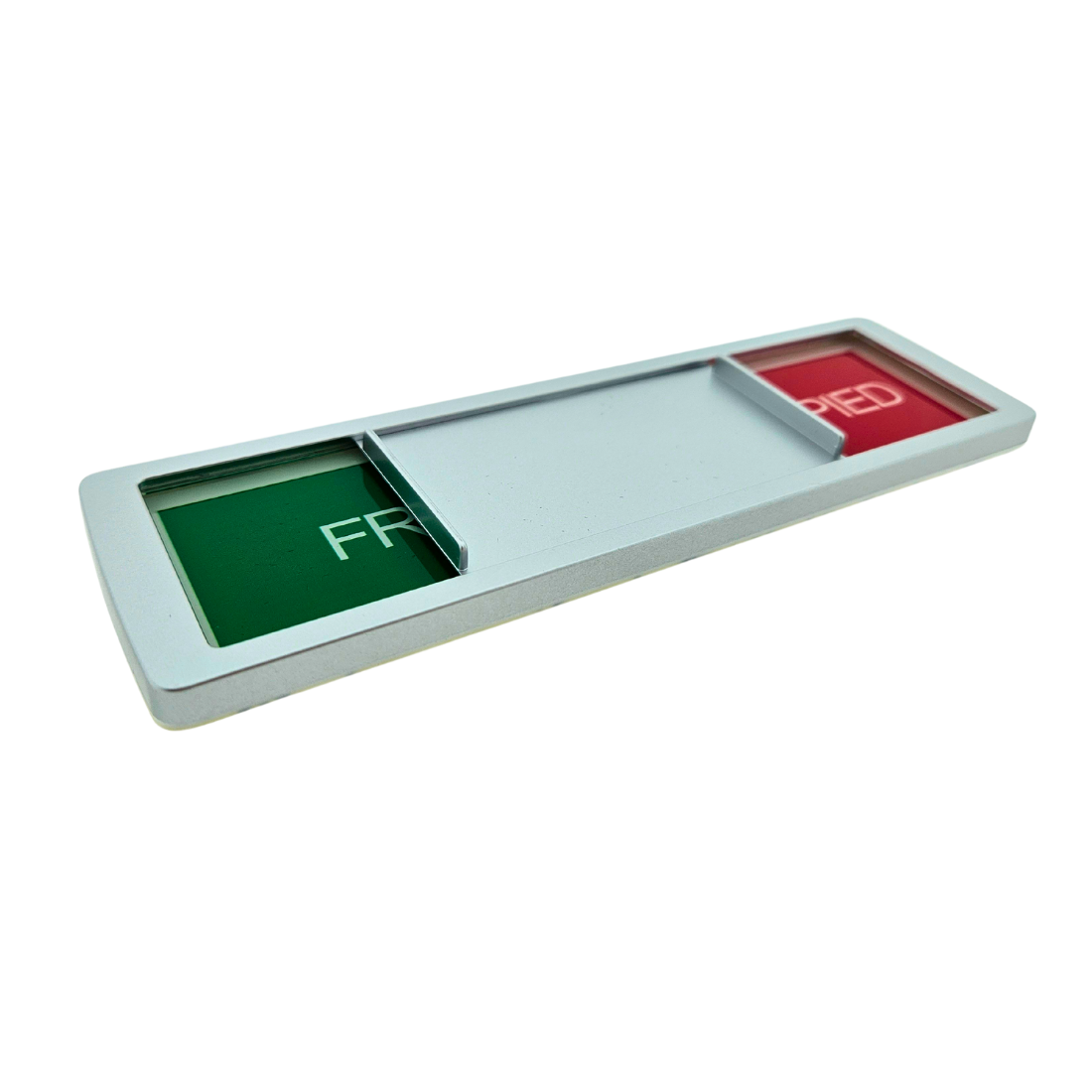 Silver frame sliding sign lying flat at an angle, partially showing both 'FREE' and 'OCCUPIED'.