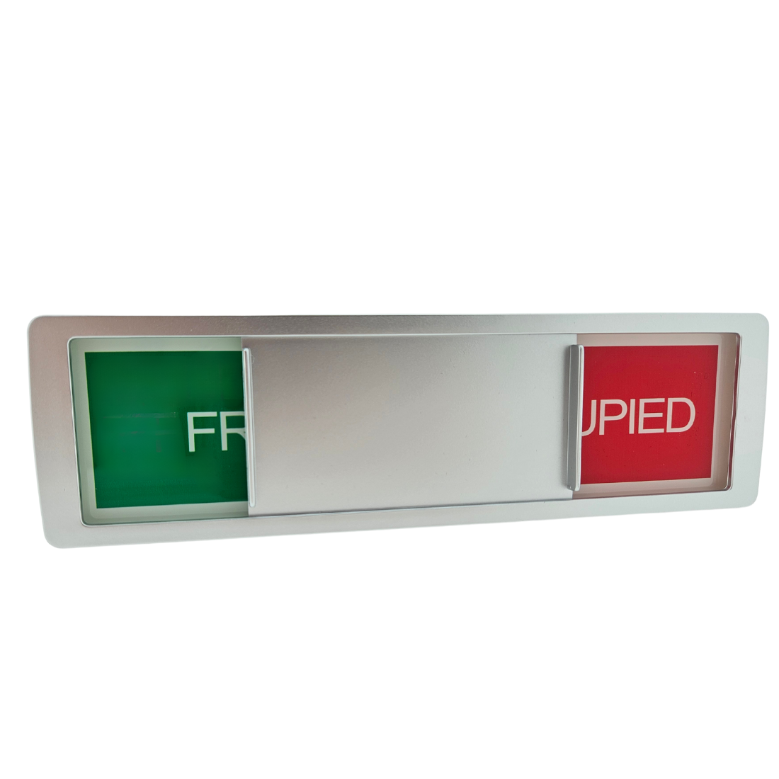 Upright silver frame sliding indictor privacy sign showing partial 'FREE' and 'OCCUPIED'.