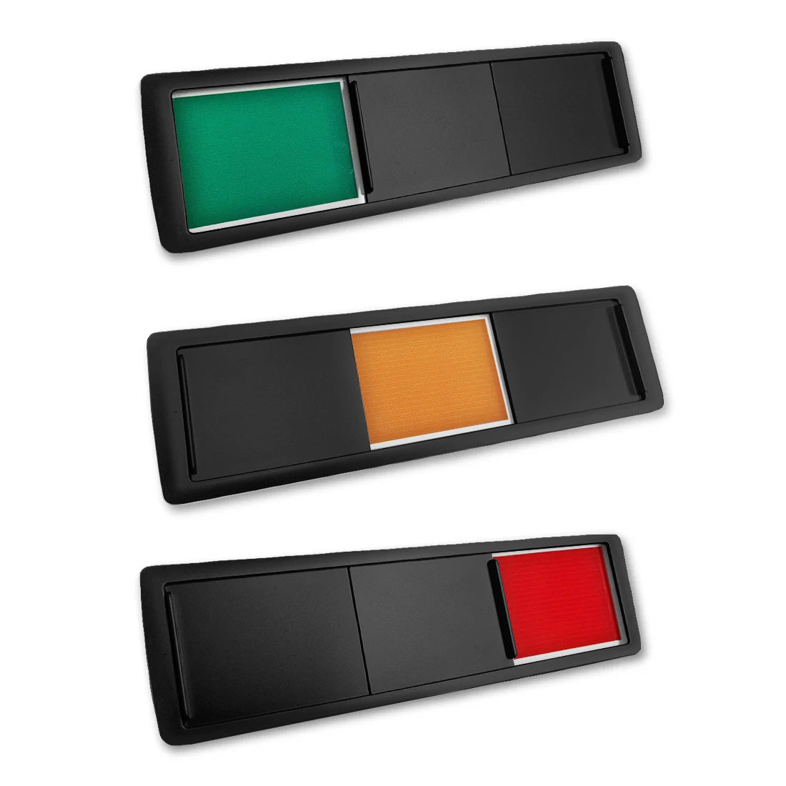 The Three sliding signs illustrate Green, Orange, and Red status indicators for versatile communication of mood, availability, and urgency. Image shows the black frame variant.