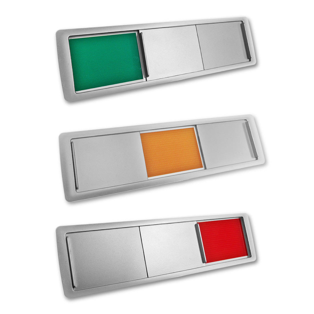 The three sliding signs illustrate Green, Orange, and Red status indicators for versatile communication of mood, availability, and urgency. The image shows the Silver Frame Variant.