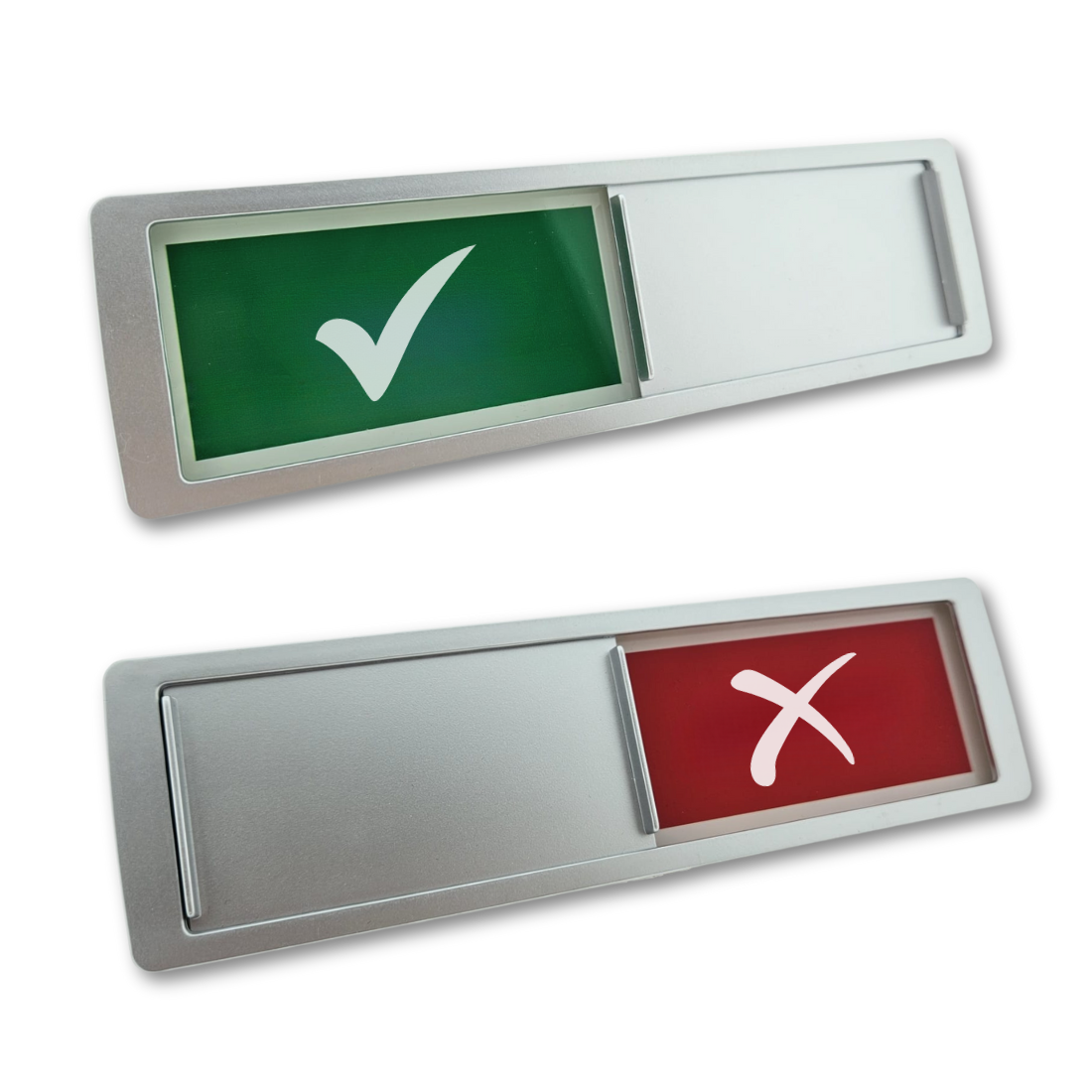Silver frame visual status sliding sign showing a green tick (top) for 'yes' or 'ready' and a red cross (bottom) for 'no' or 'not ready',