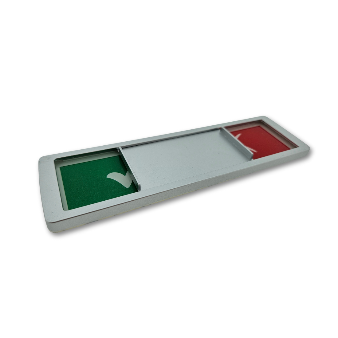 Silver frame sliding sign lying flat at an angle, partially showing both a green tick and a red cross with the sliding indicator in the middle.