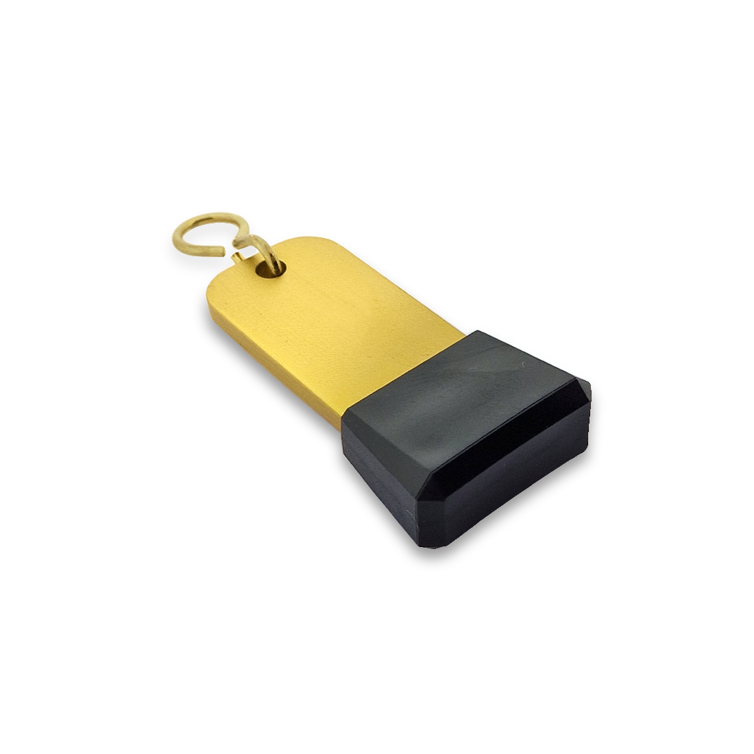 Small Gold Aluminium Key Tags With Tapered Black Rubber Cap and Gold S-hook Fastener Model: 'Dauphine' 75x30mm Flatlay Bottom View