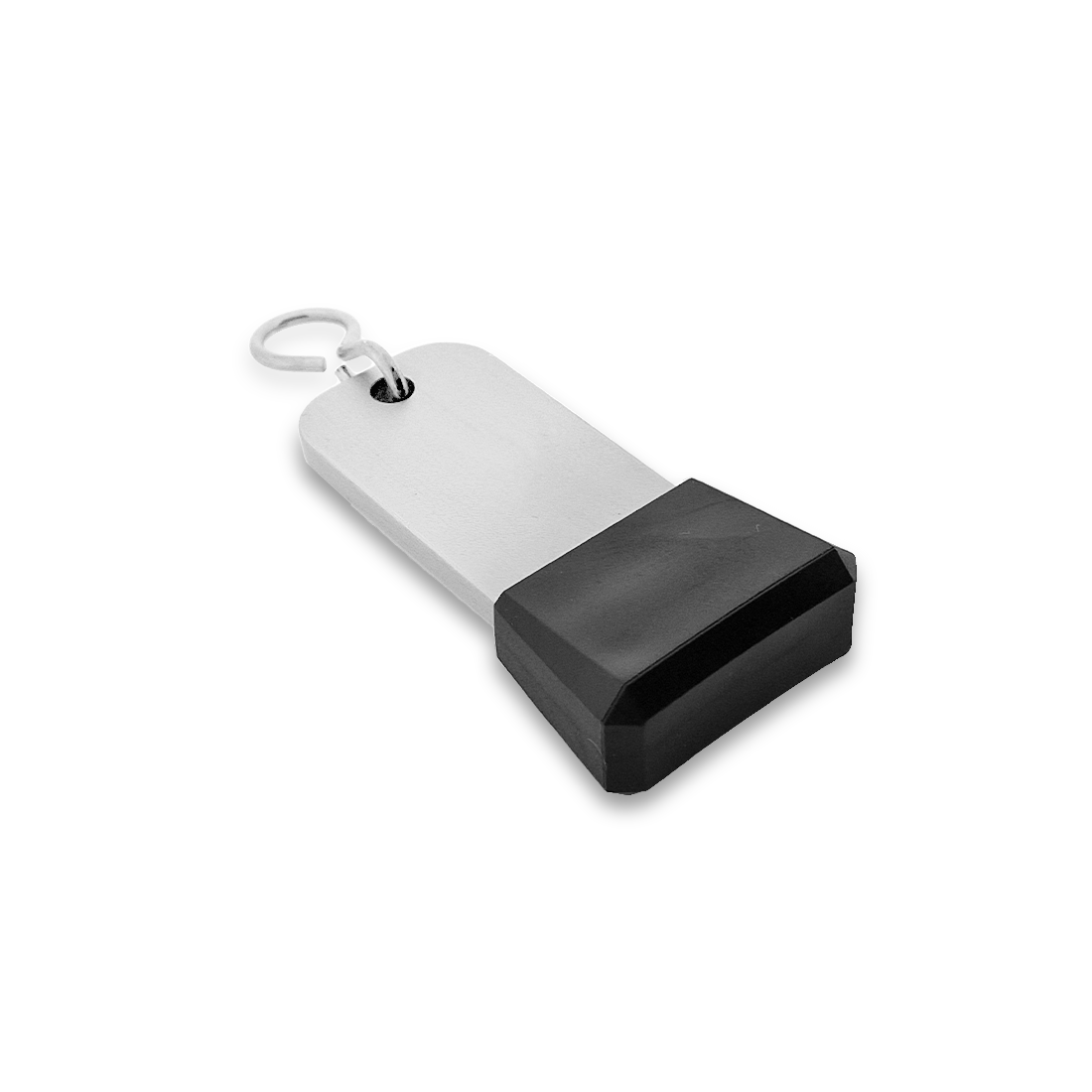 Small Silver Aluminium Key Tag With Tapered Black Rubber Cap and Silver S-hook Fastener Model: 'Dauphine' 75x30mm Flatlay Bottom View