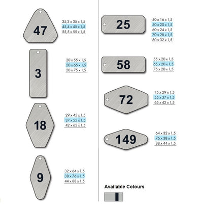 Various Rhombus, Rectangle and Triangle Shaped Stainless Steel Key Tags With CNC Number Engraving