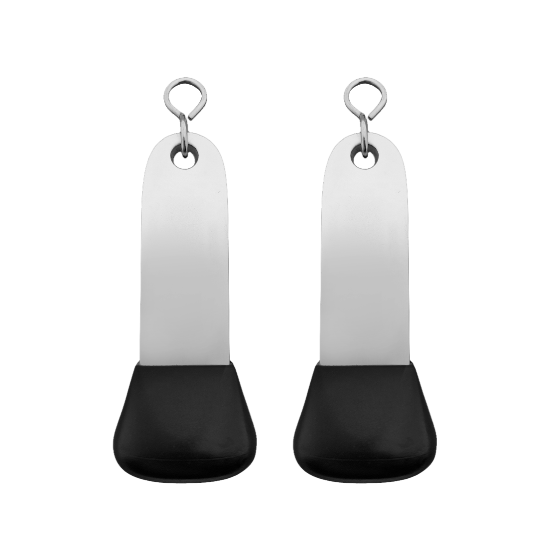 Two Big Silver Rectangle Aluminium Hotel Key Tags With Rounded Top and Black Rubber Cap and Silver S-hook Fasteners 115x30mm Model: Camber