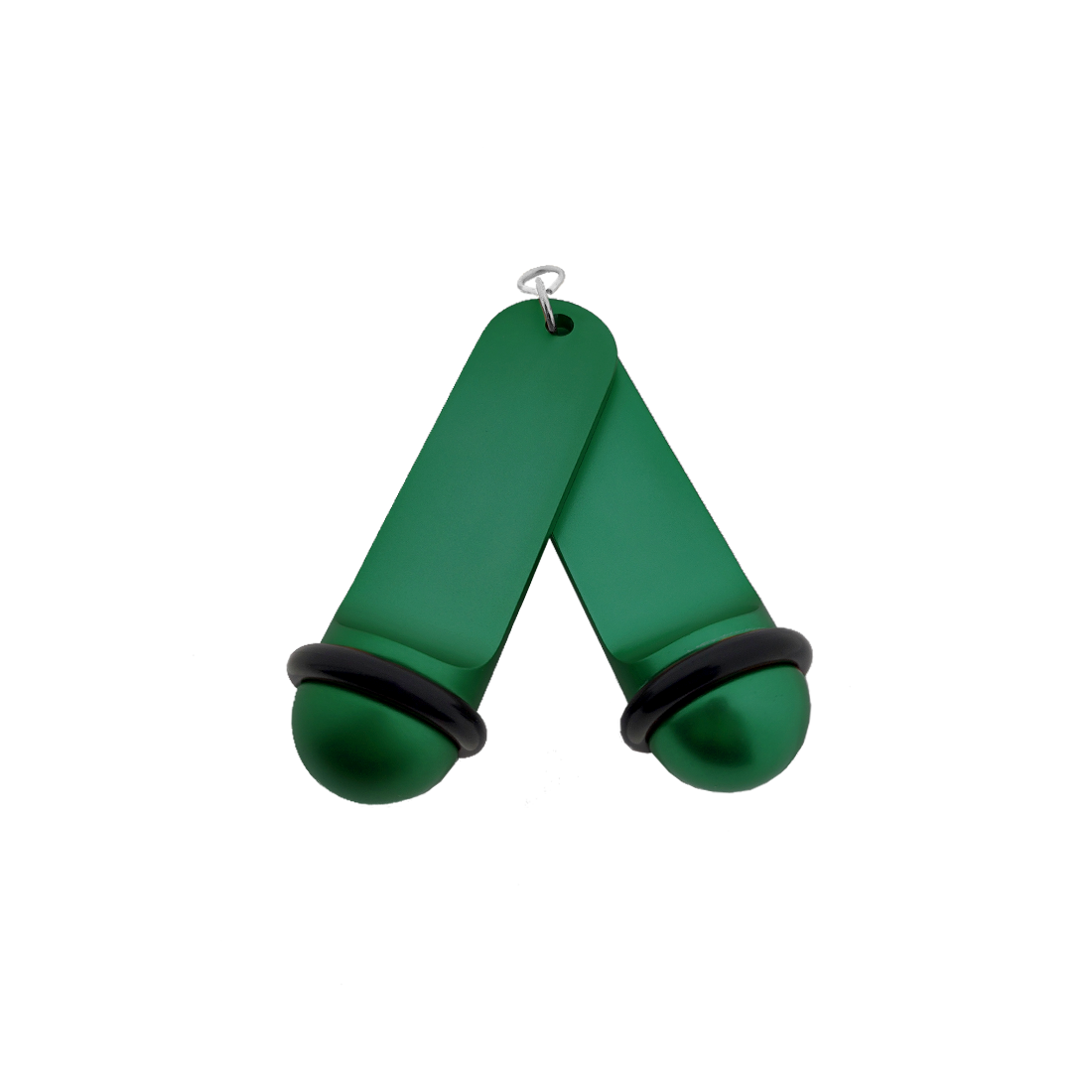 Front view of two green Big Classic aluminium hotel key tags (105x30mm) with silver S-hook fasteners and black rubber rings.