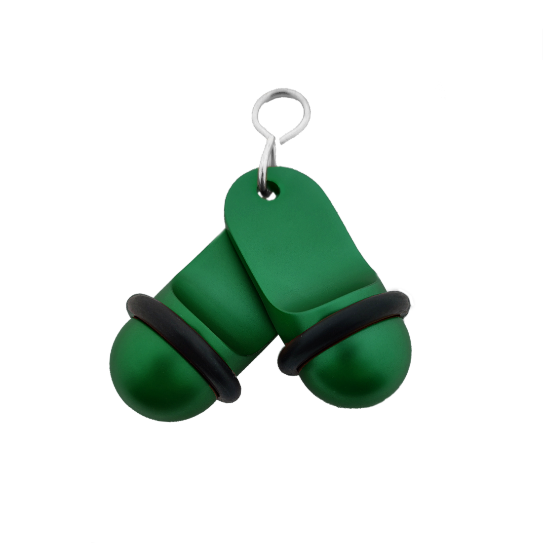 Front view of two green small retro aluminium hotel key tags (60x25mm) with silver S-hook fasteners and black rubber rings.