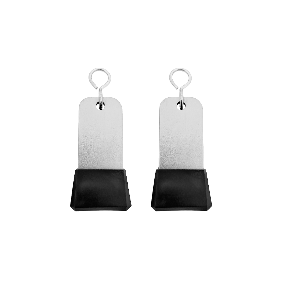 Two Small Silver Aluminium Key Tag With Tapered Black Rubber Cap and Silver S-hook Fastener Model: 'Dauphine' 75x30mm Flatlay Bottom View