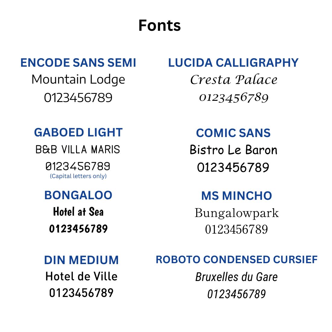 Comparison of different fonts with sample text and phone numbers on a white background